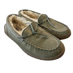 My Pillow My Slippers Mens Slippers Moccasin Size 8 Olive Faux Fur Lined Suede